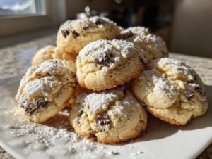 A close-up of a stack of soft cannoli cookies generously dusted with powdered sugar, featuring visible chocolate chips.