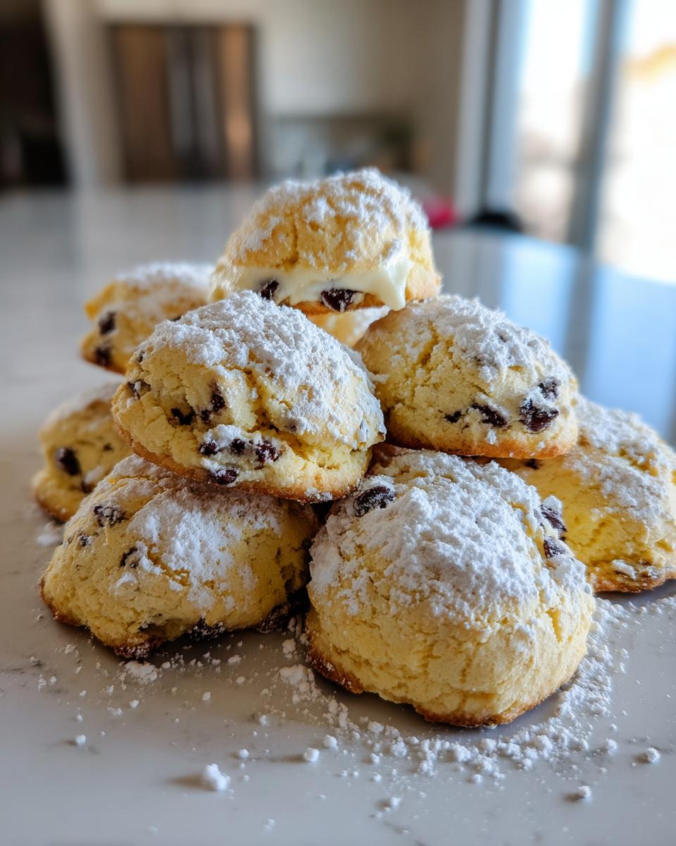 A stack of soft cannoli cookies filled with cream and studded with chocolate chips, heavily dusted with powdered sugar.
