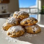 A small pyramid stack of soft cannoli cookies generously dusted with powdered sugar.