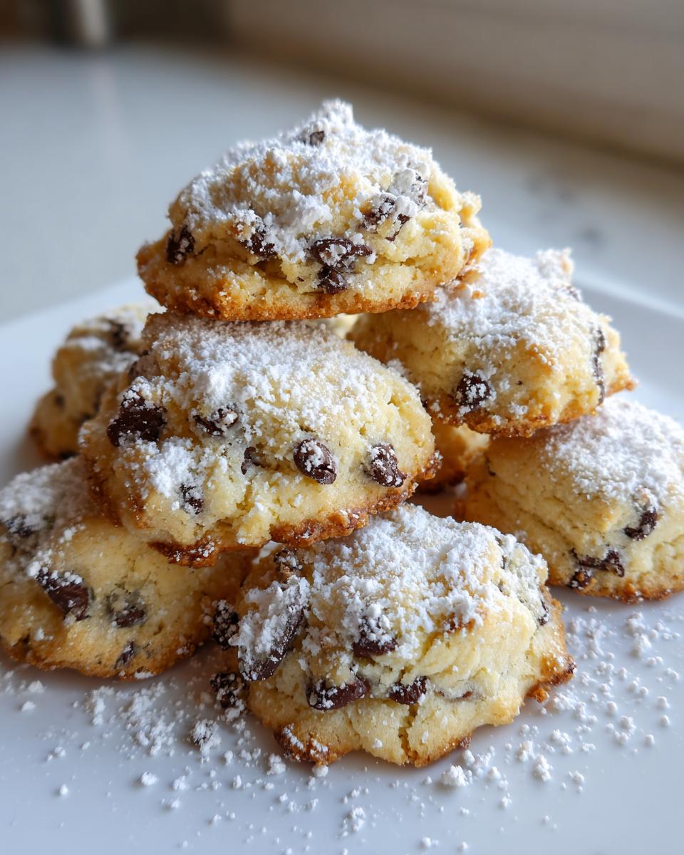 A stack of soft cannoli cookies studded with mini chocolate chips and heavily dusted with powdered sugar.