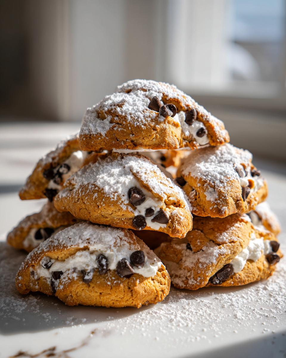 A tempting stack of freshly baked soft cannoli cookies filled with cream and mini chocolate chips, dusted heavily with powdered sugar.