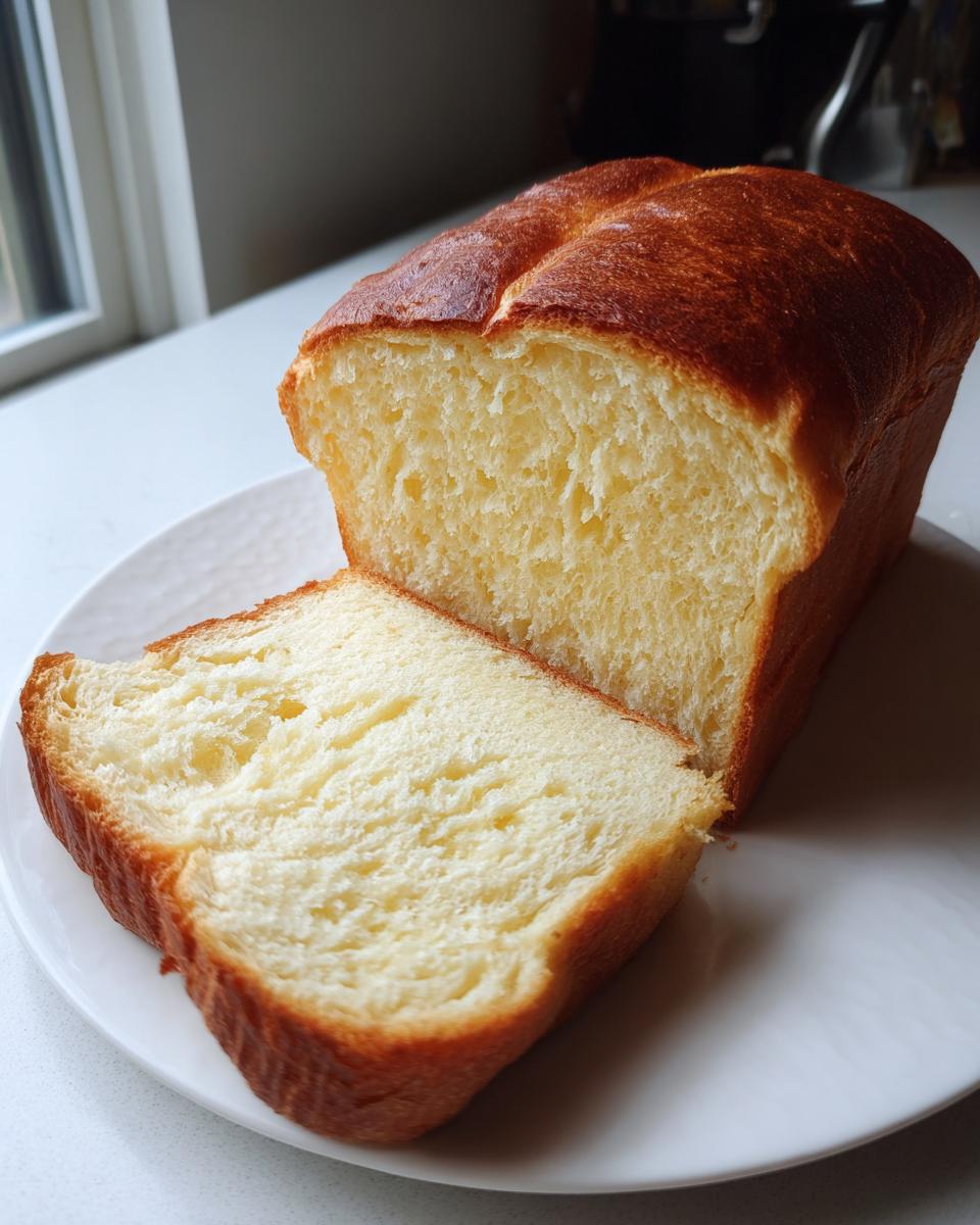 A loaf of soft, golden-brown condensed milk bread with one thick slice cut and resting against the main loaf on a white plate.