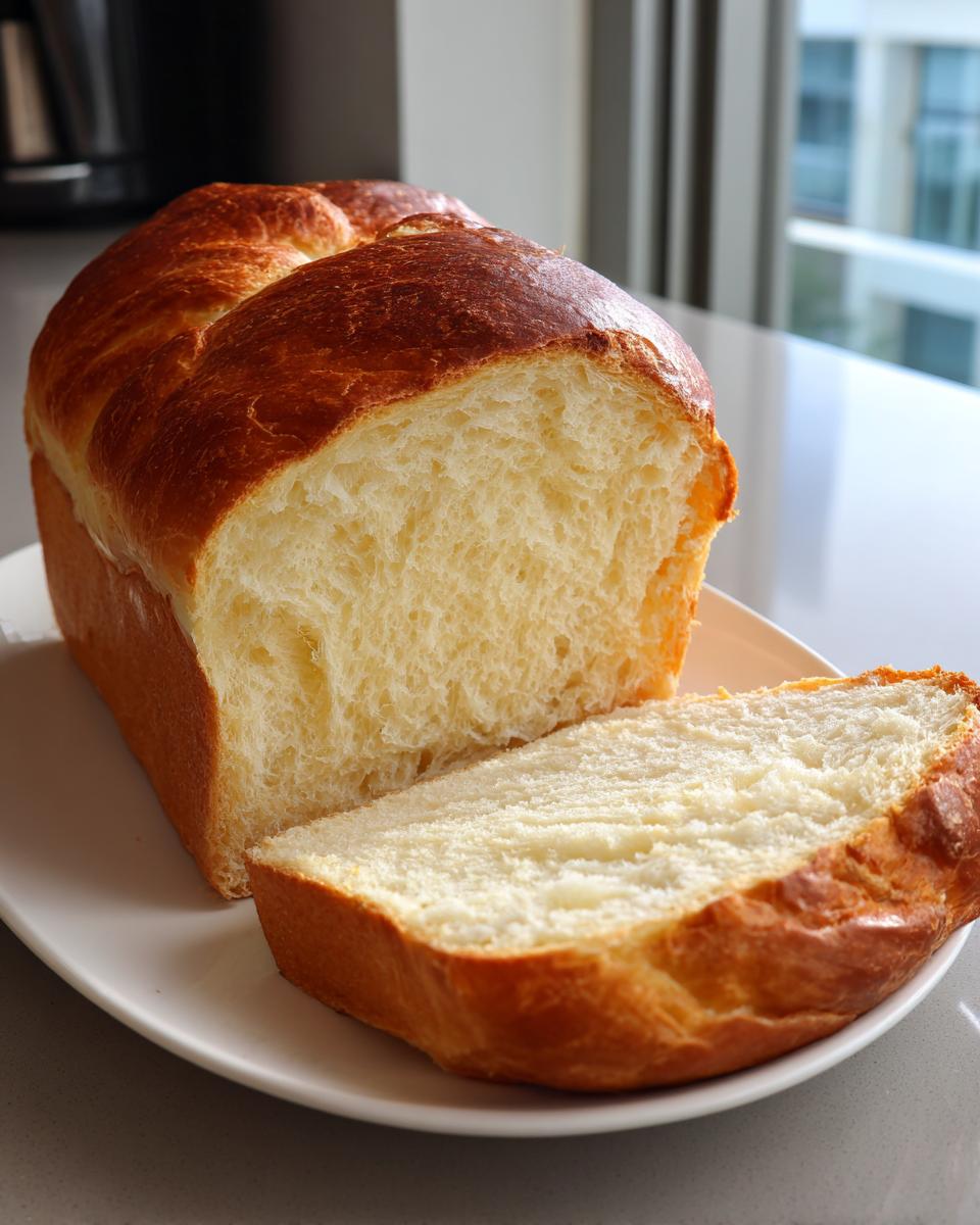 A freshly baked loaf of soft condensed milk bread, partially sliced, showing its fluffy interior.