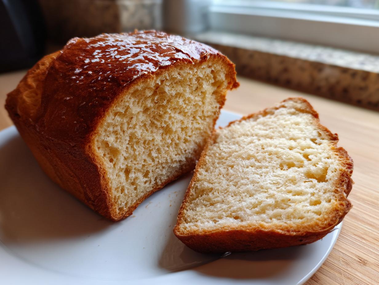 Close-up of a freshly baked loaf of condensed milk bread, showing the soft, fluffy interior crumb and a glossy, golden-brown crust.