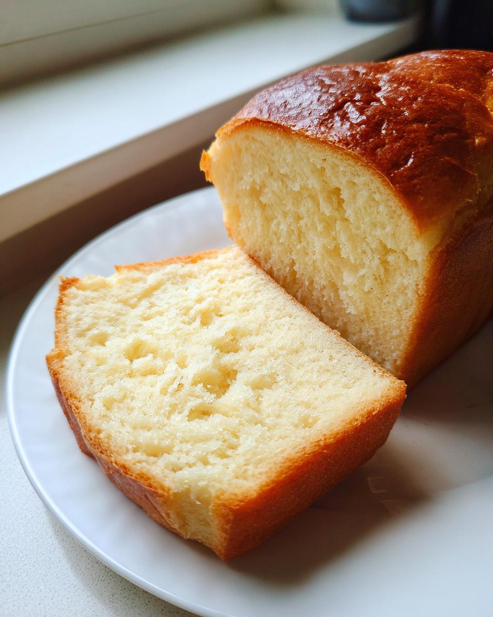Close-up of a slice of fluffy, golden-brown condensed milk bread next to the rest of the loaf on a white plate.