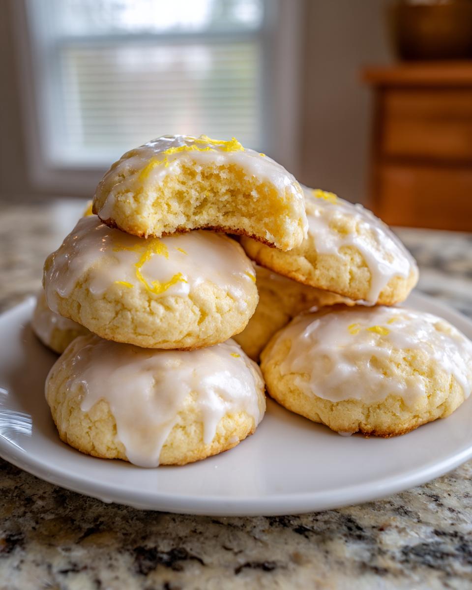 A stack of soft, glazed ricotta cookies, one on top has a bite taken out, showing the fluffy interior.