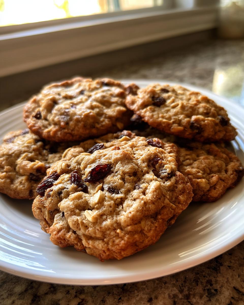 A close-up of several soft oatmeal raisin cookies piled on a white plate near a window.