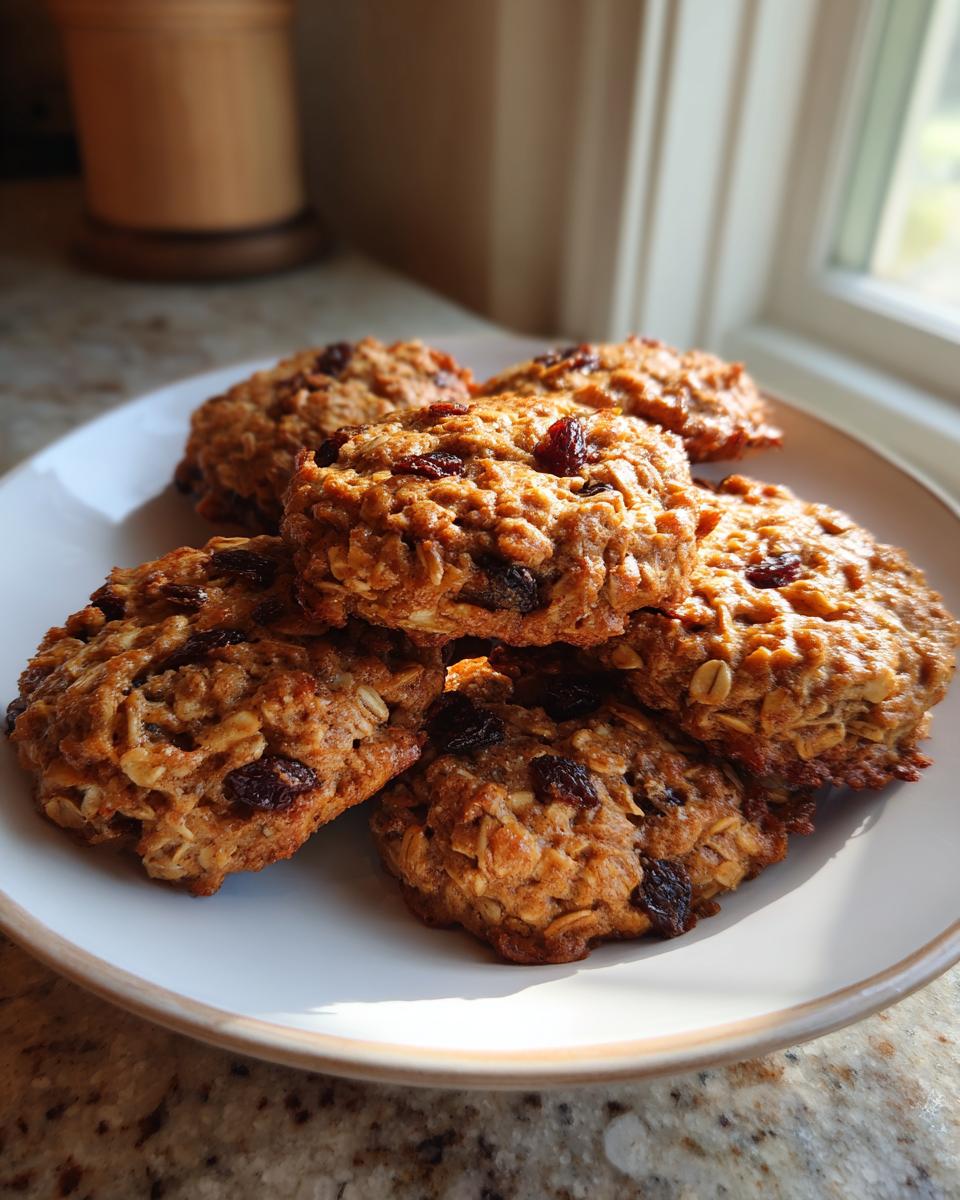 A stack of six soft oatmeal raisin cookies piled on a white plate, highlighted by natural window light.
