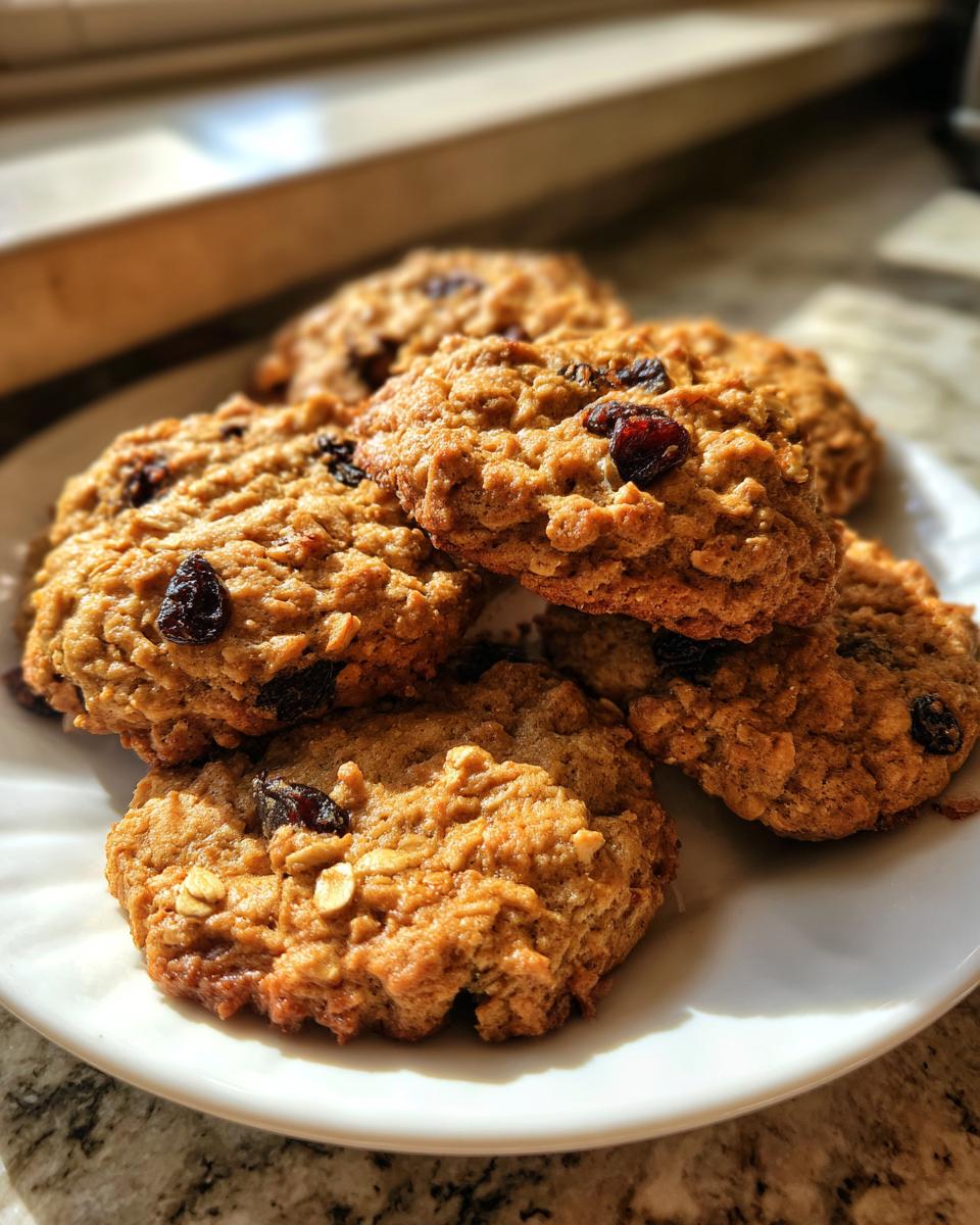 A stack of freshly baked, soft oatmeal raisin cookies piled high on a white plate, catching natural sunlight.
