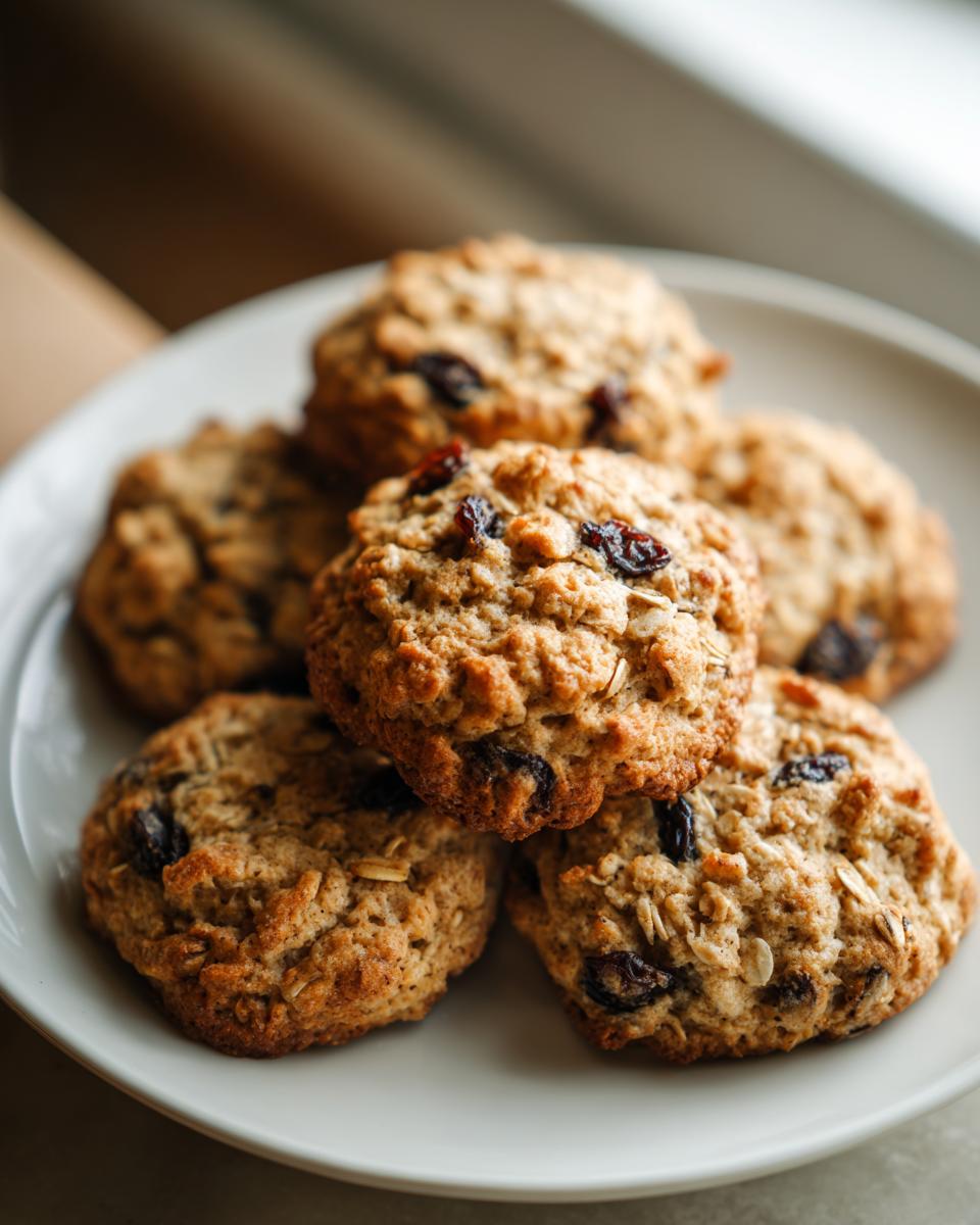 Close-up of several soft oatmeal raisin cookies piled on a light-colored plate, showing texture and raisins.