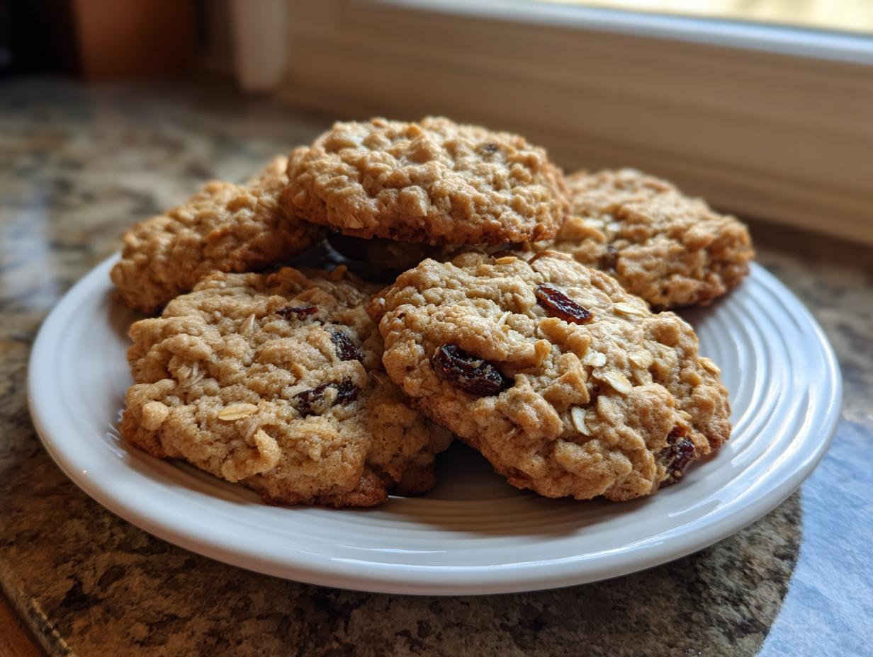 A stack of soft oatmeal raisin cookies piled on a white plate, showing visible oats and raisins.