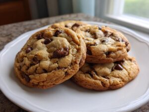 A stack of three soft and chewy chocolate chip pudding cookies resting on a white plate.