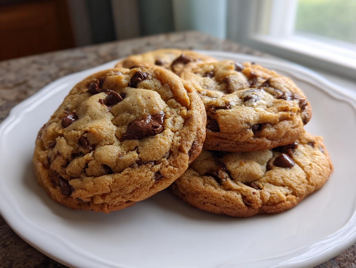 A stack of three soft and chewy chocolate chip pudding cookies resting on a white plate.