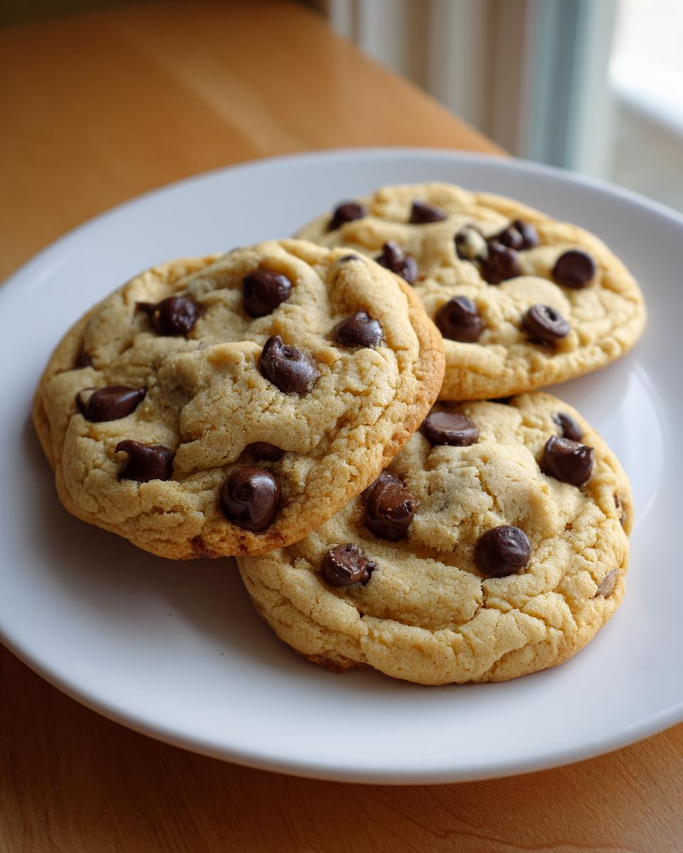 Three soft, golden brown pudding cookies loaded with chocolate chips resting on a white plate.