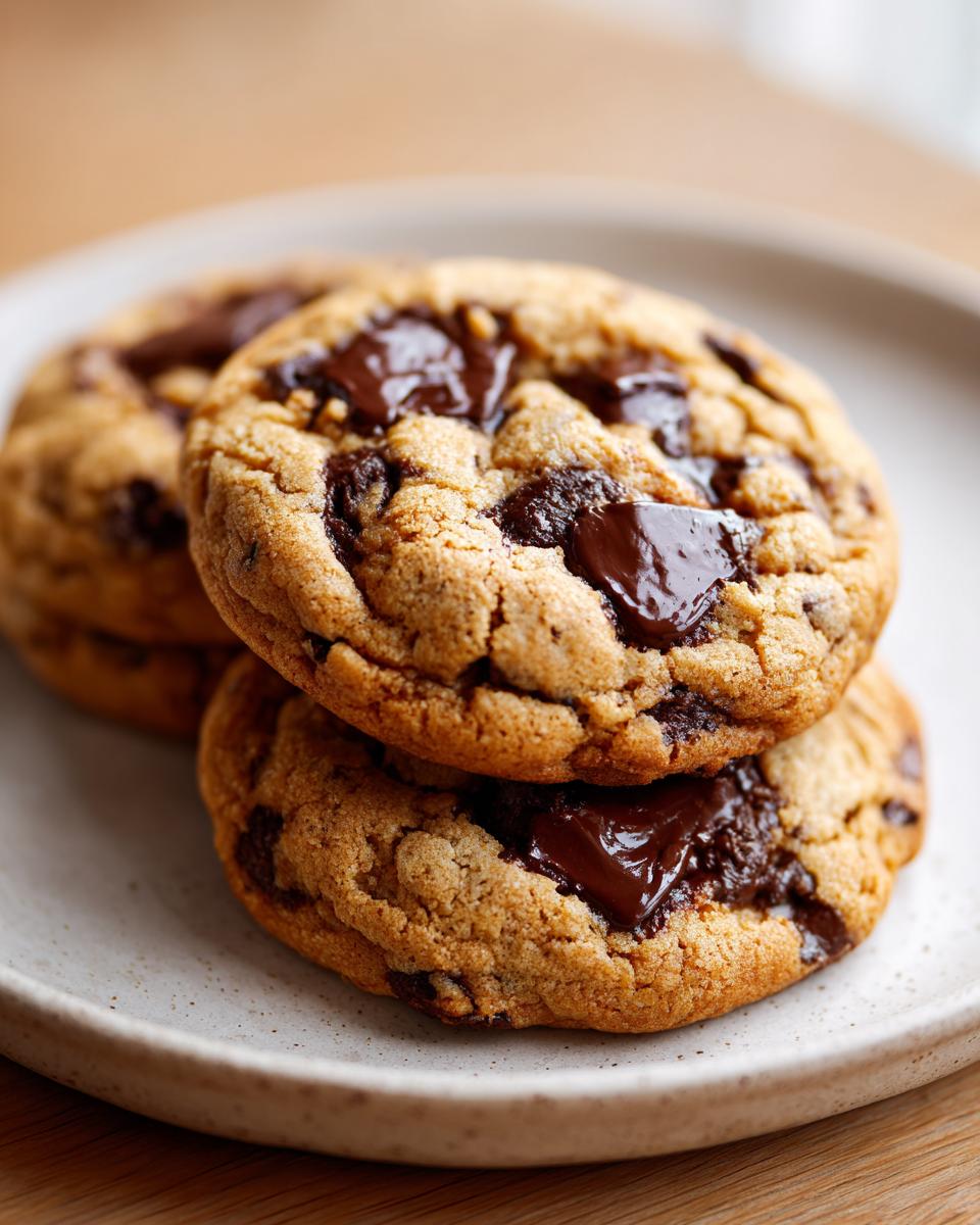Close-up of three soft pudding cookies stacked, featuring melted chocolate chunks.