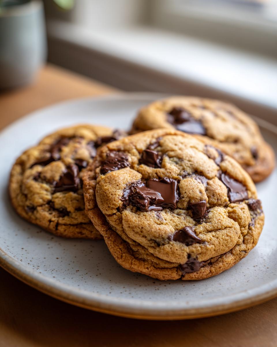 Three freshly baked, thick, and soft pudding cookies loaded with melted chocolate chunks, resting on a light speckled plate.