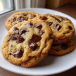 A stack of four soft, golden brown pudding cookies loaded with melted chocolate chunks, served on a white plate.