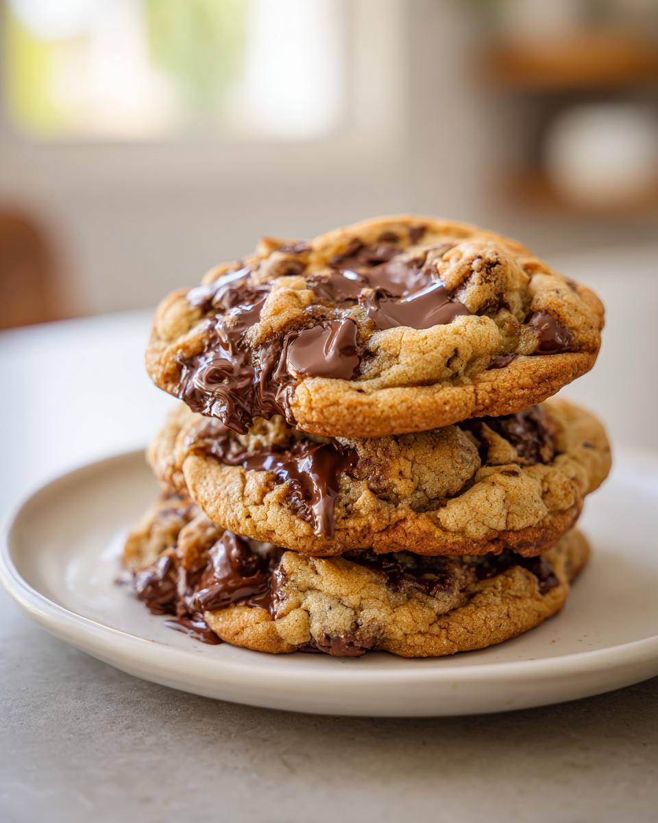 Three soft, gooey chocolate chip pudding cookies stacked on a white plate with melted chocolate dripping down.