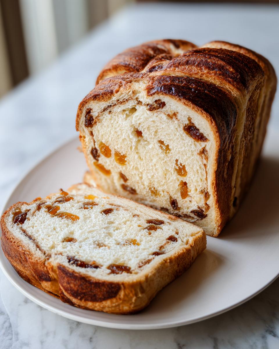 A freshly baked loaf of soft raisin bread, partially sliced, sitting on a white plate.