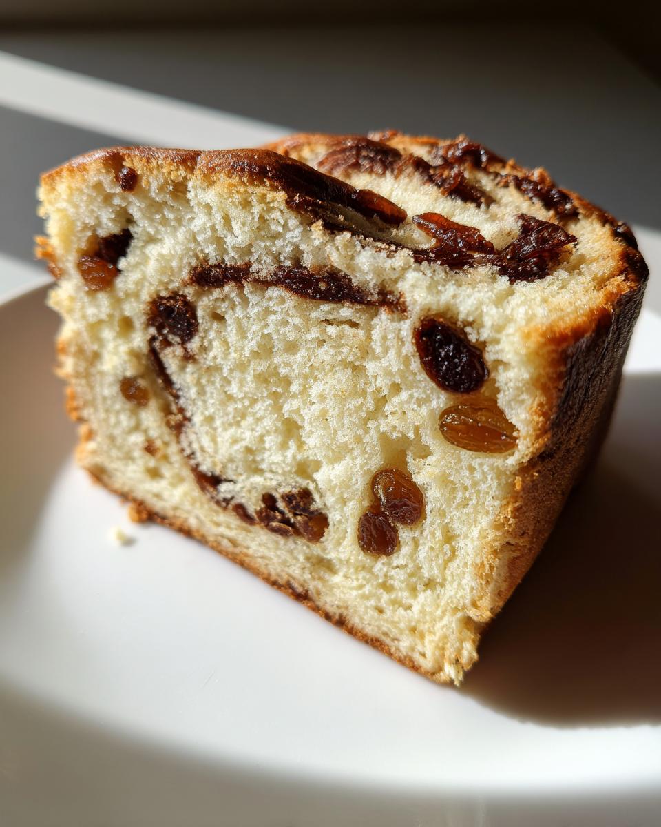 A thick slice of soft raisin bread showing a swirl of raisins baked into the light, fluffy crumb.