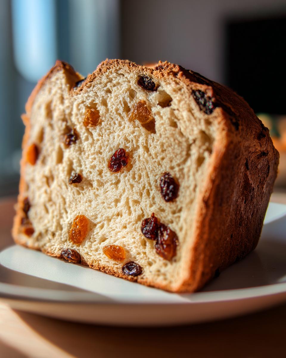 Close-up of a thick slice of soft raisin bread showing a fluffy interior studded with plump raisins.