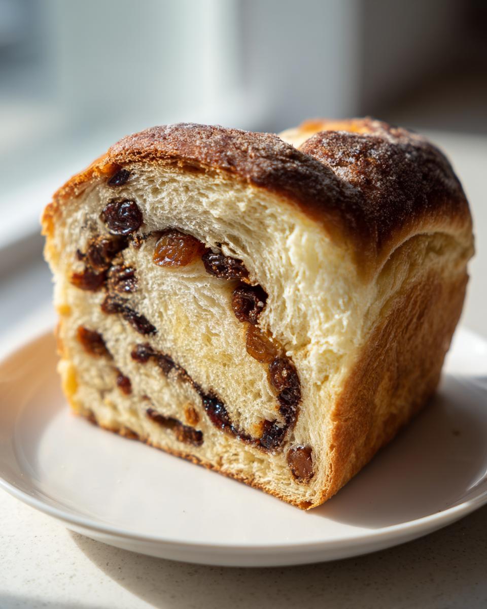 A thick slice of soft raisin bread showing a rich swirl of raisins baked into the fluffy dough, resting on a white plate.