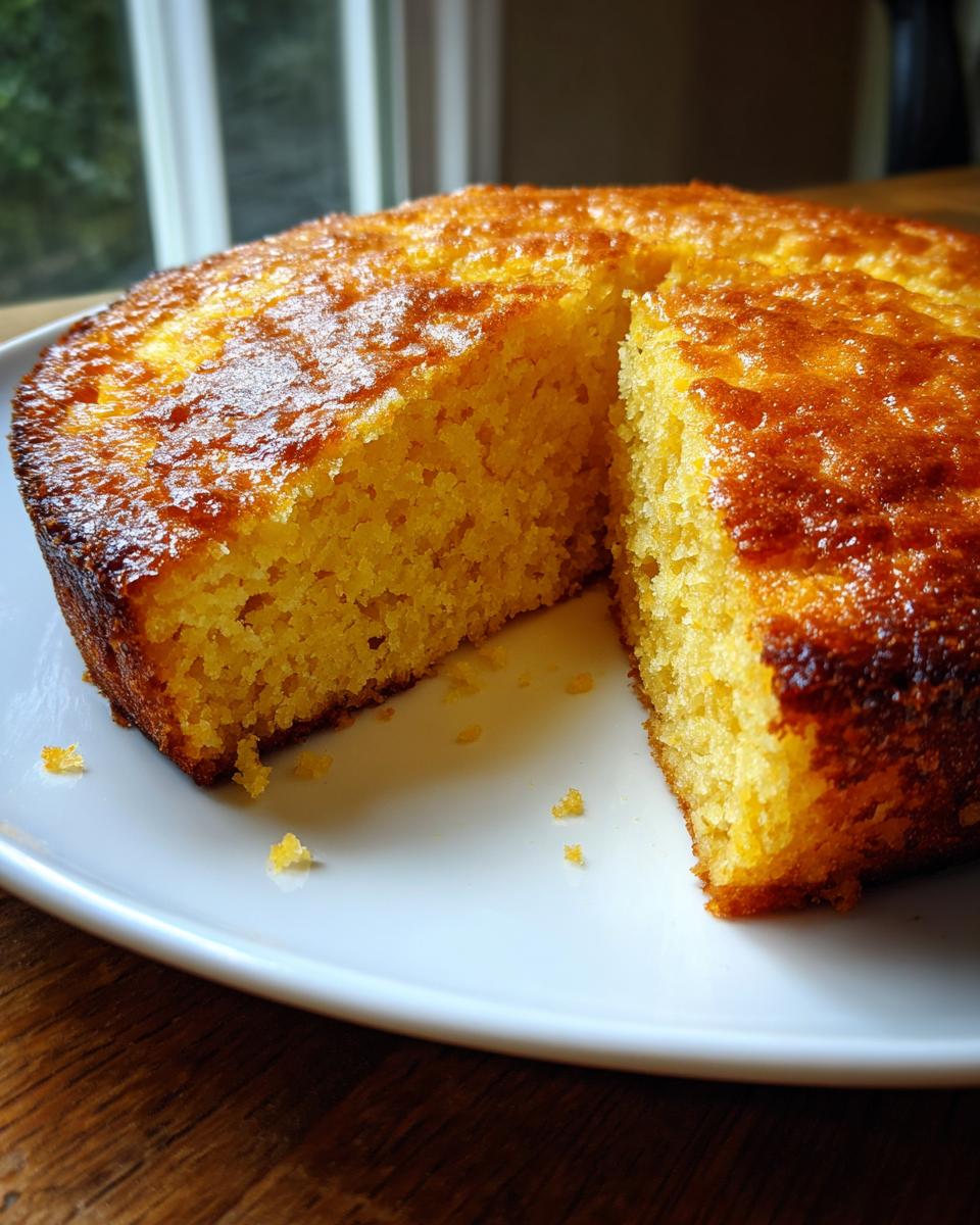 A golden, moist sourdough cornbread with a slice cut out, sitting on a white plate.