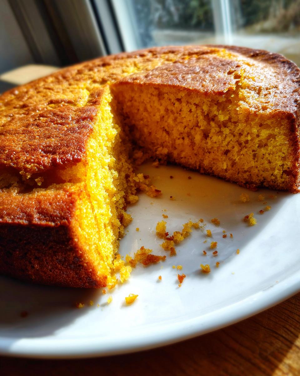 A close-up of a golden brown sourdough cornbread cake on a white plate, with one slice cut out showing the moist interior.