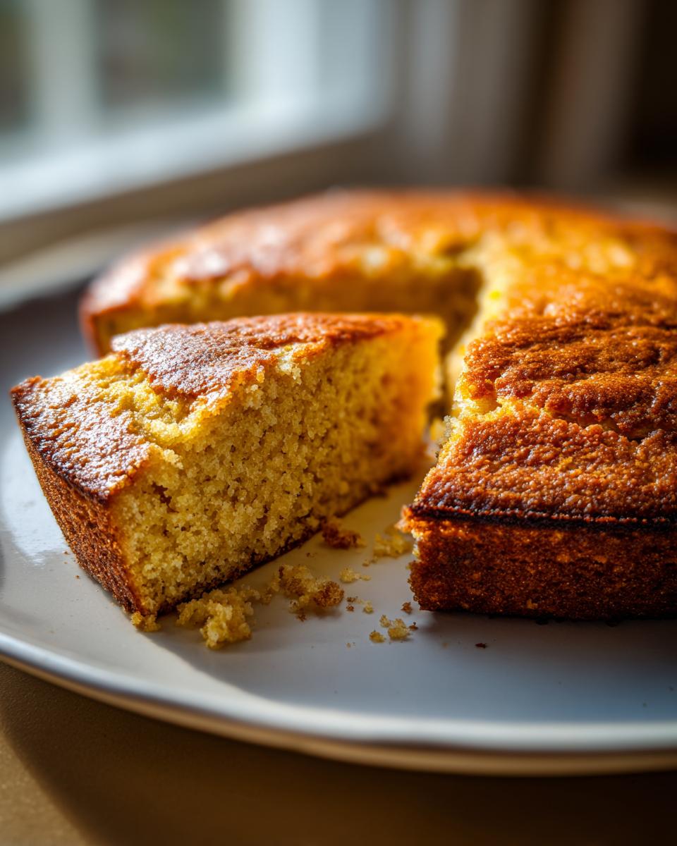 Close-up of a golden brown slice of sourdough cornbread with a crumbly texture, served on a white plate.