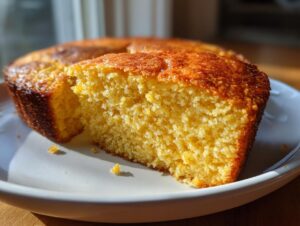 A close-up of a thick slice of bright yellow sourdough cornbread showing its moist crumb and golden-brown crust.