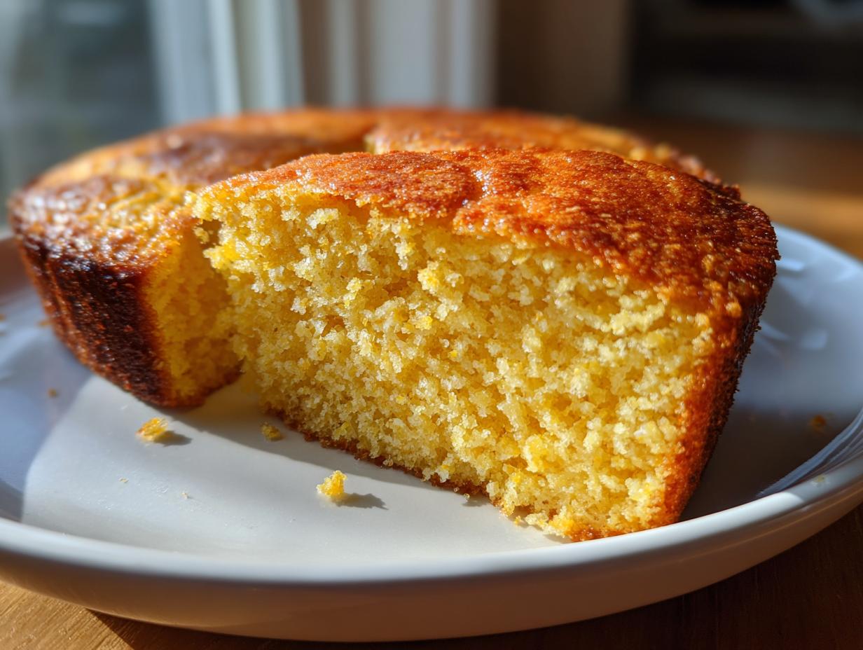 A close-up of a thick slice of bright yellow sourdough cornbread showing its moist crumb and golden-brown crust.