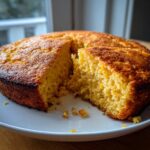 Close-up of a freshly baked, golden sourdough cornbread on a white plate with one slice pulled away, showing the crumb texture.