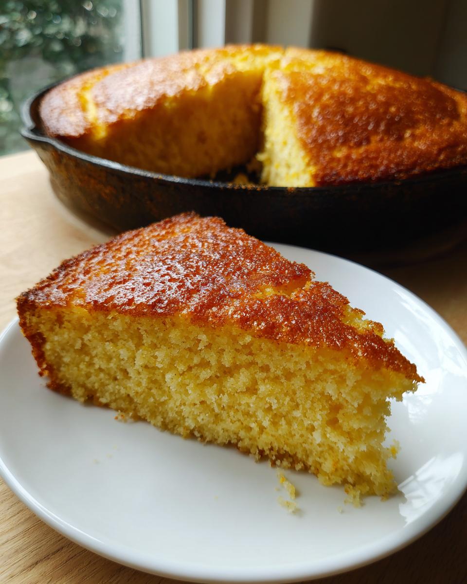 A close-up of a moist slice of golden sourdough cornbread served on a white plate, with the rest of the loaf in a cast iron skillet behind it.