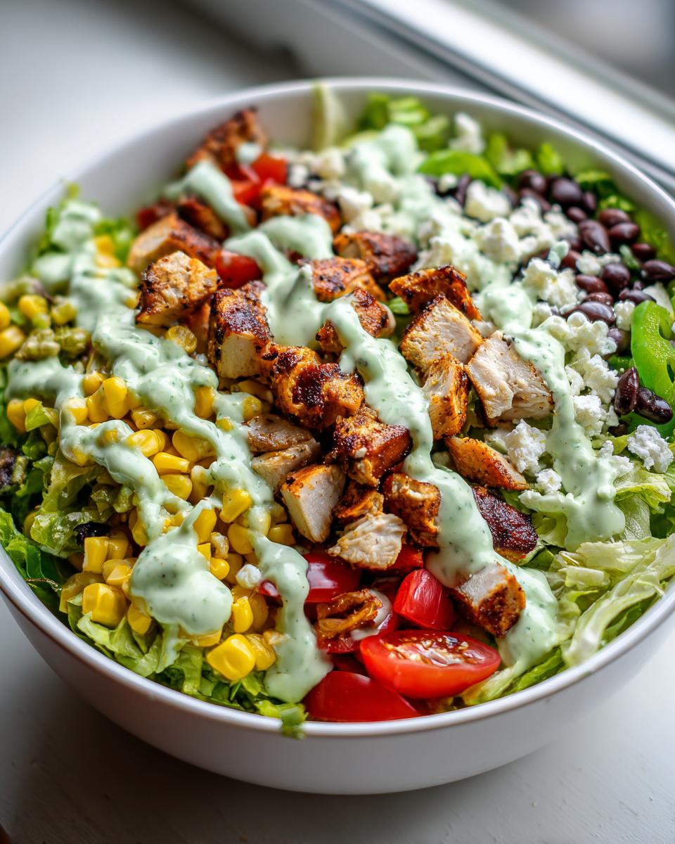 Close-up of a vibrant southwest salad featuring seasoned chicken, corn, black beans, tomatoes, and a creamy green dressing.