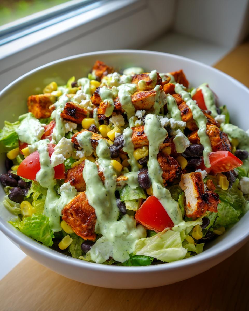 A vibrant bowl of southwest salad topped with seasoned chicken, black beans, corn, tomatoes, and a creamy green dressing.