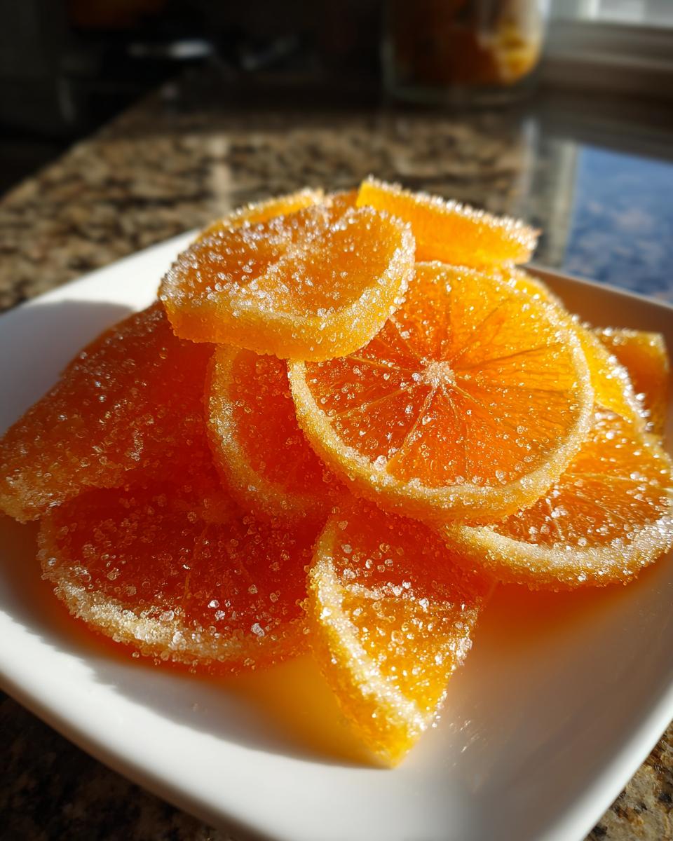 Close-up of glistening candied orange slices heavily coated in granulated sugar on a white dish.