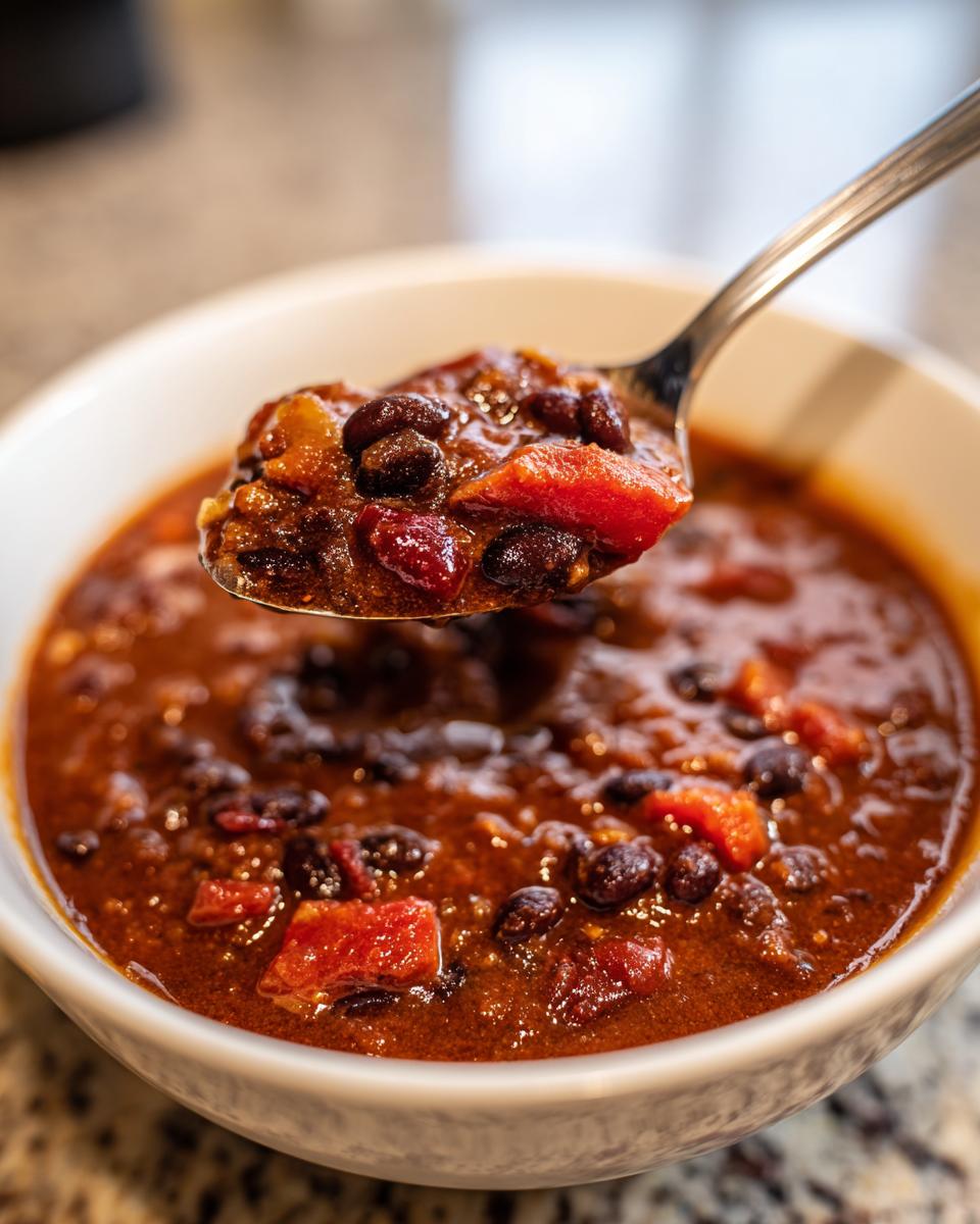 A spoonful of thick, rich black bean chili, full of beans and tomatoes, lifted from a white bowl.