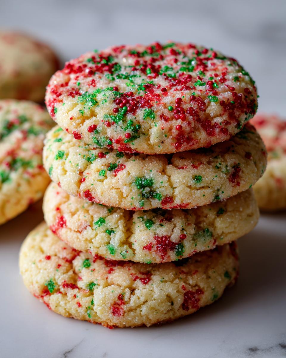 A close-up stack of four soft christmas sprinkle sugar cookies topped with red and green nonpareils.