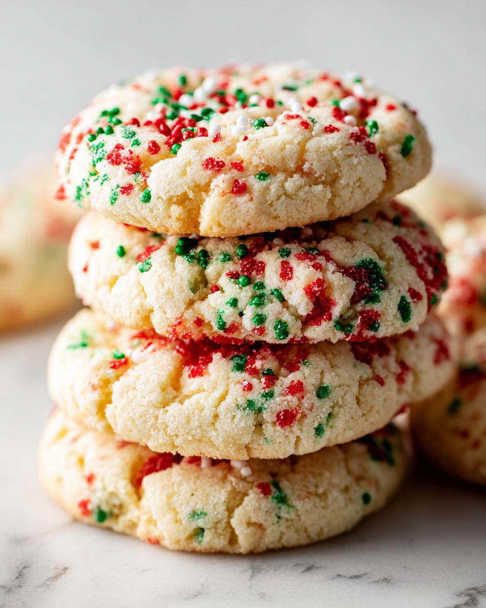 A stack of four soft, round christmas sprinkle sugar cookies topped with red, green, and white holiday sprinkles.