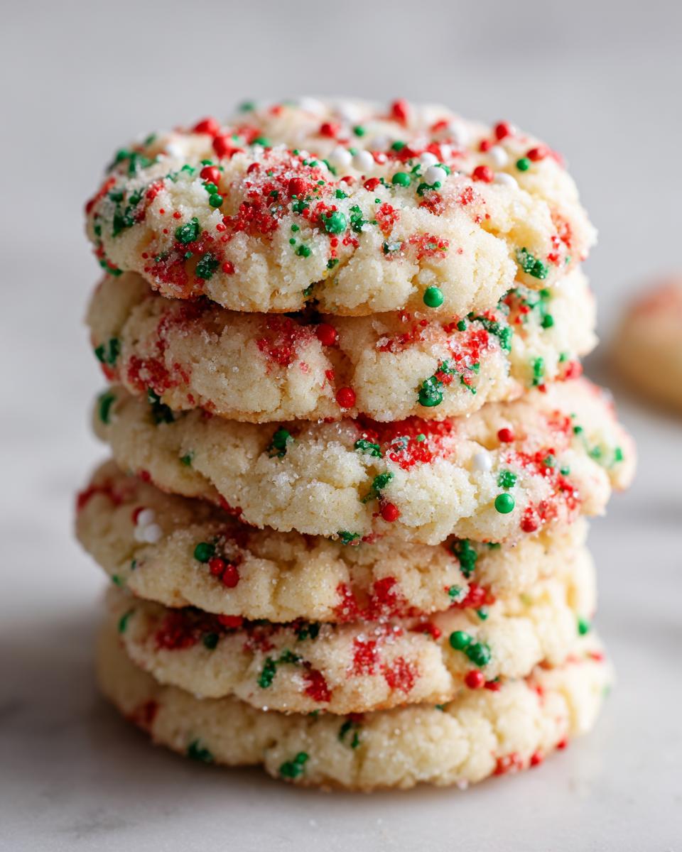 A tall stack of five soft christmas sprinkle sugar cookies topped with festive red, green, and white nonpareils.