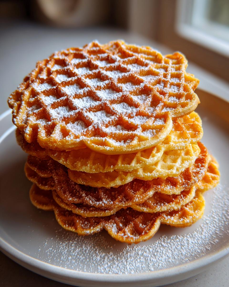 A tall stack of golden brown, crispy pizzelle cookies dusted generously with powdered sugar.