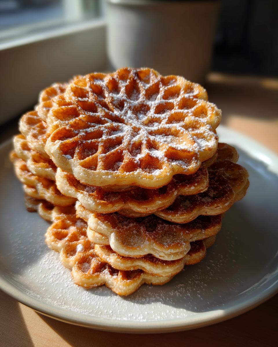 A tall stack of freshly made, crispy pizzelle cookies dusted lightly with powdered sugar sitting on a pale plate.
