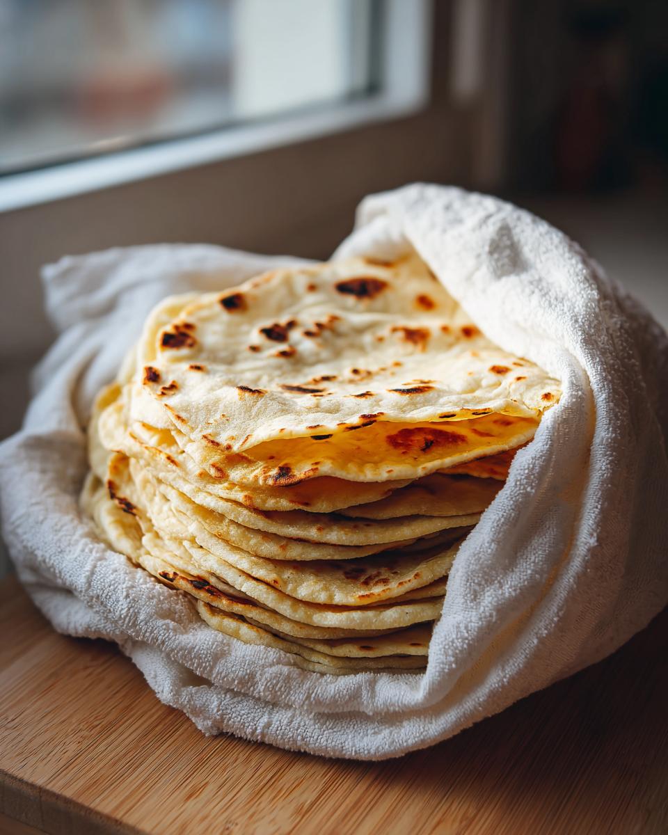 A tall stack of warm, freshly cooked corn tortillas, lightly charred, wrapped in a white cloth on a wooden surface.