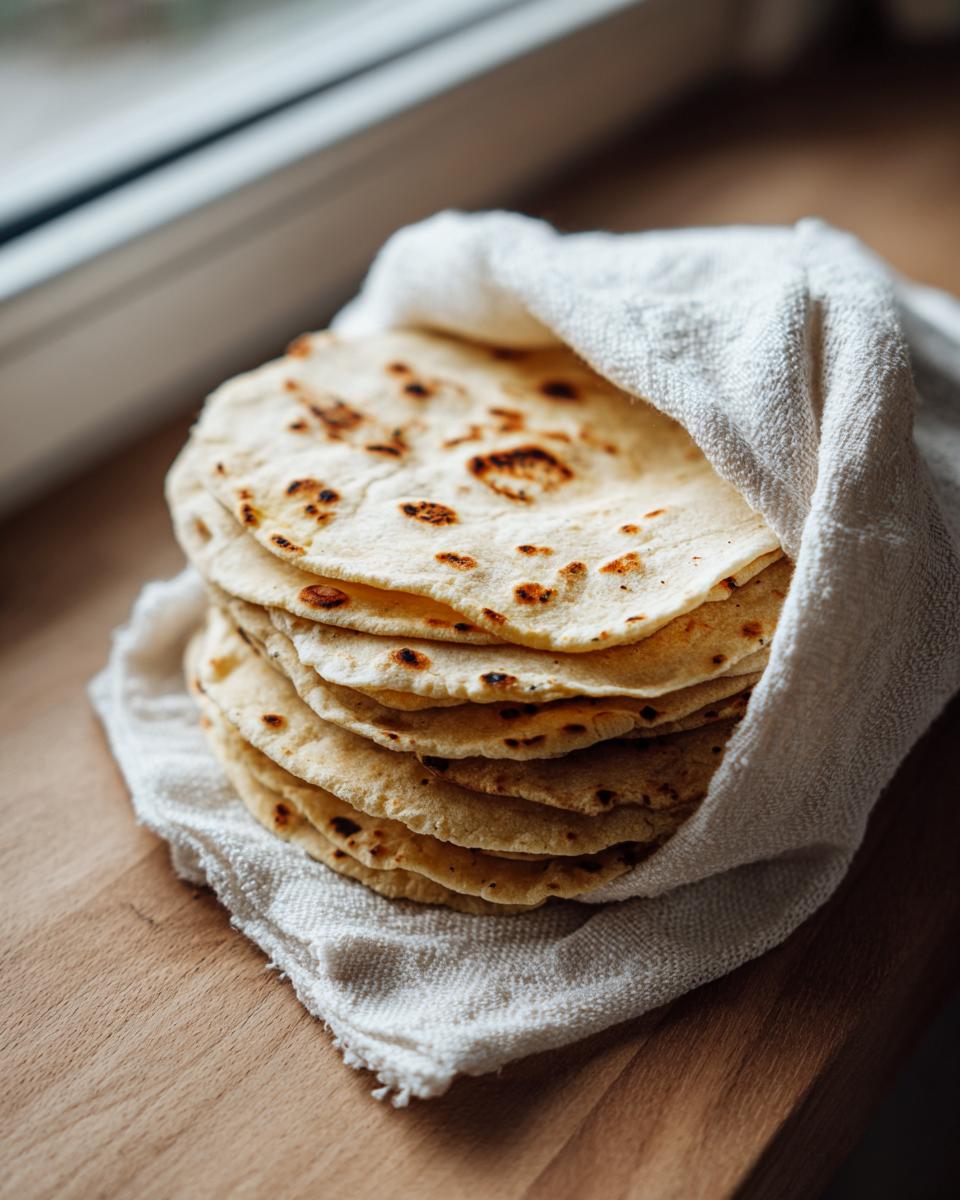 A stack of warm, freshly made corn tortillas wrapped partially in a white kitchen towel on a wooden surface.