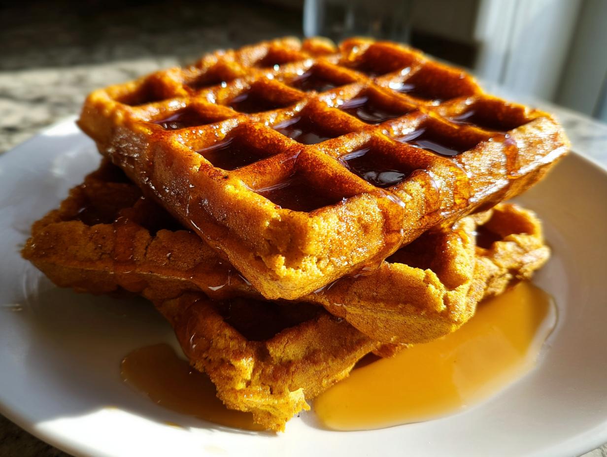 A close-up, bright photo of a stack of two golden-brown pumpkin waffles covered in syrup on a white plate.