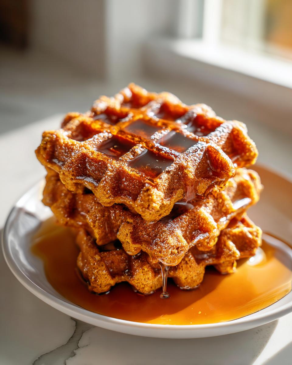A stack of three golden brown pumpkin waffles generously drizzled with maple syrup, sitting on a white plate.