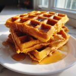 A close-up stack of three golden-orange pumpkin waffles drizzled generously with maple syrup.