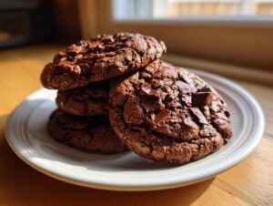 A stack of four decadent, dark chocolate vegan chocolate chip cookies piled on a white plate.