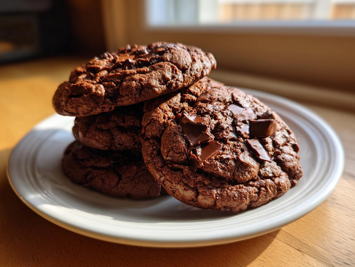 A stack of four decadent, dark chocolate vegan chocolate chip cookies piled on a white plate.