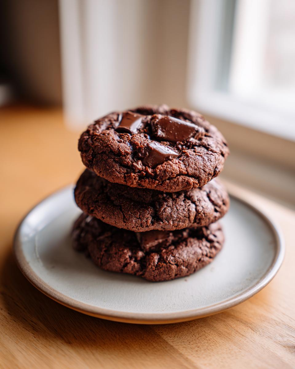 A stack of three dark, fudgy vegan chocolate chip cookies topped with melted chocolate chunks.